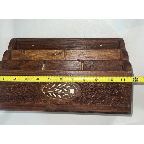Hanging Mail Organizer Carved Designed Wood Floral Pattern/India - Picture 10 of 11